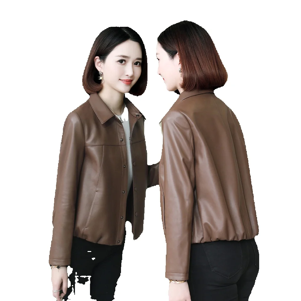 

Spring New Genuine Leather Coat Sheepskin Fashionable Square Neck Short Coat Motorcycle Jacket Single Style