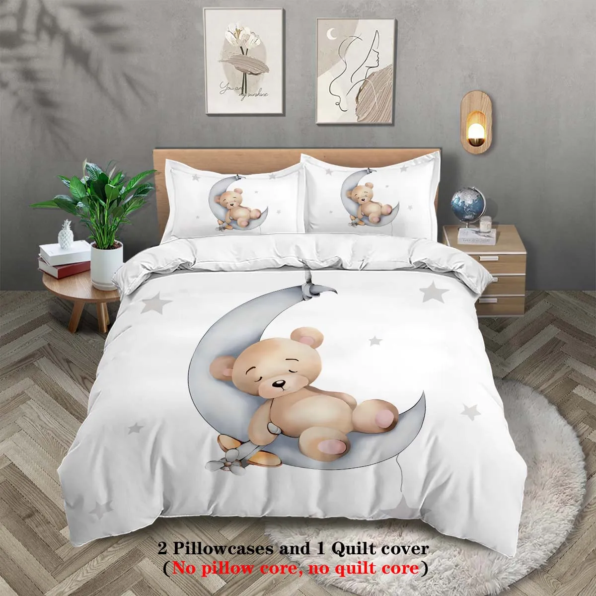 

Duvet Cover King Size Set,Little bear sleeping on the moon pattern printed,1 Duvet Cover and 2 Pillowcases,for bedroom hotel