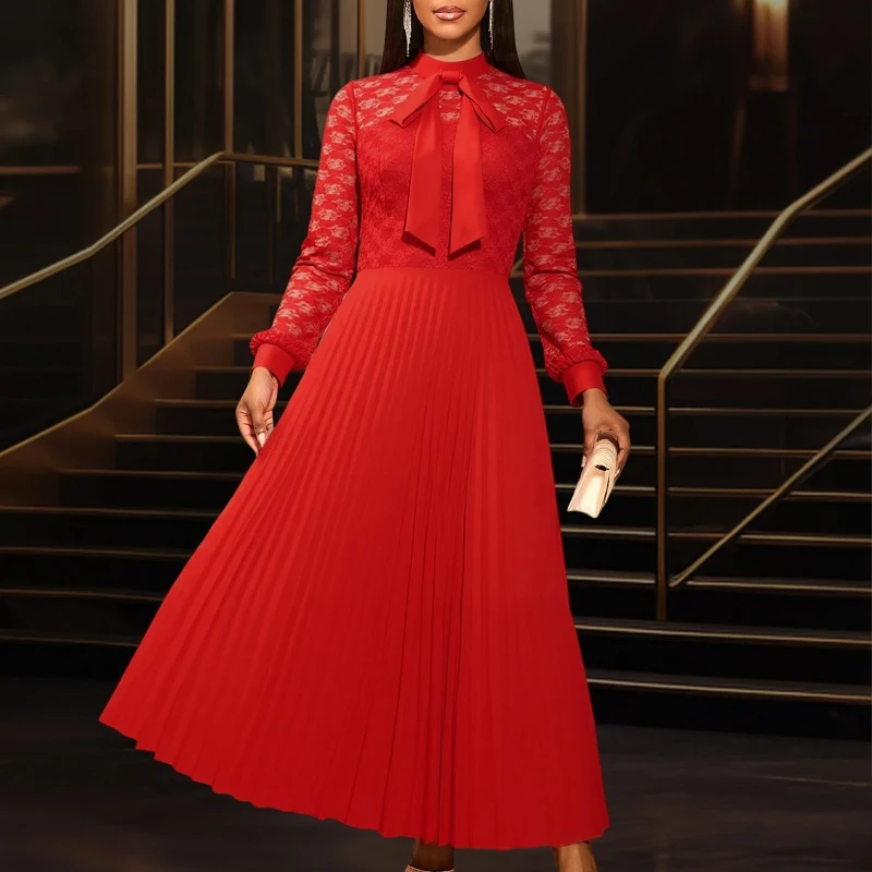 Red Vintage High Neck Patchwork Lace Dress with Bow Tie Long Lantern Sleeves Pleated High Waist Ankle-Length Elegant Women's