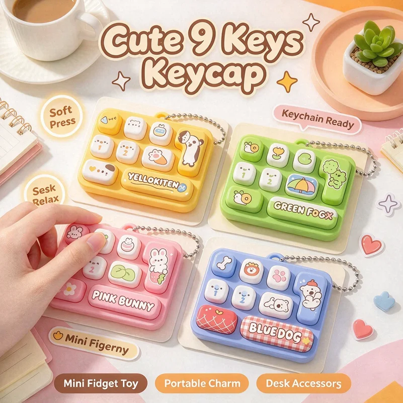 키캡 Mini Cute 9-Key Keycap Keyboard Keychain Portable Finger Press Button Toy Stress Relief Bag Charm Novelty Backpack Decor Gift