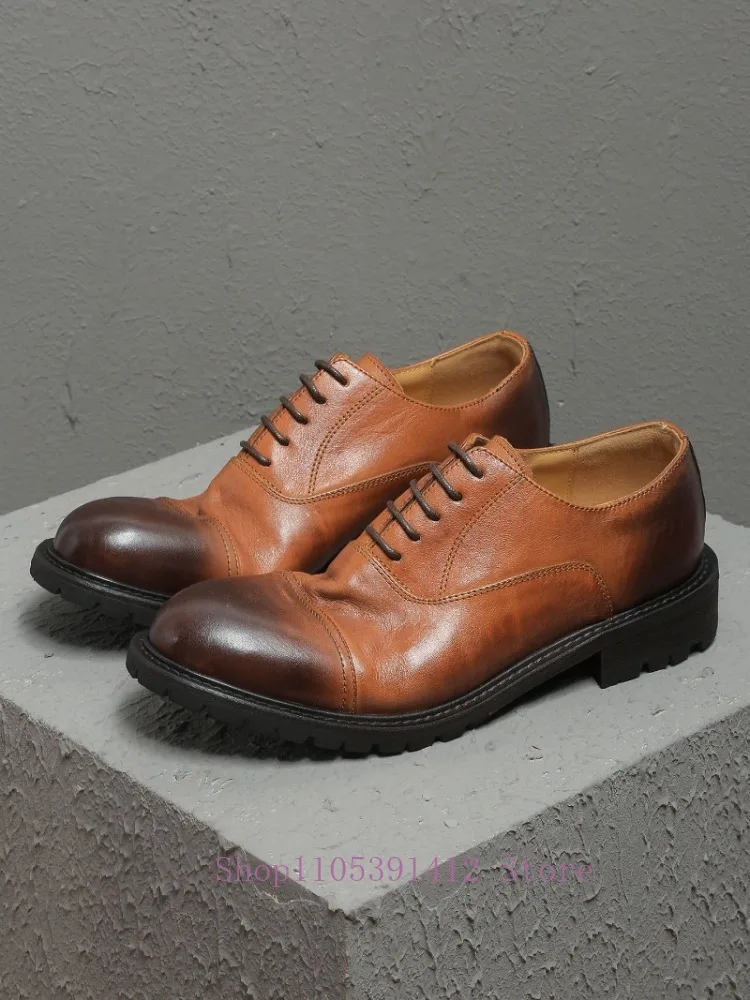 British Style Men Derby Shoes Lace-Up Thick Sole Handmade Genuine Leather Pleats Wedding Shoes Retro Dress Shoes