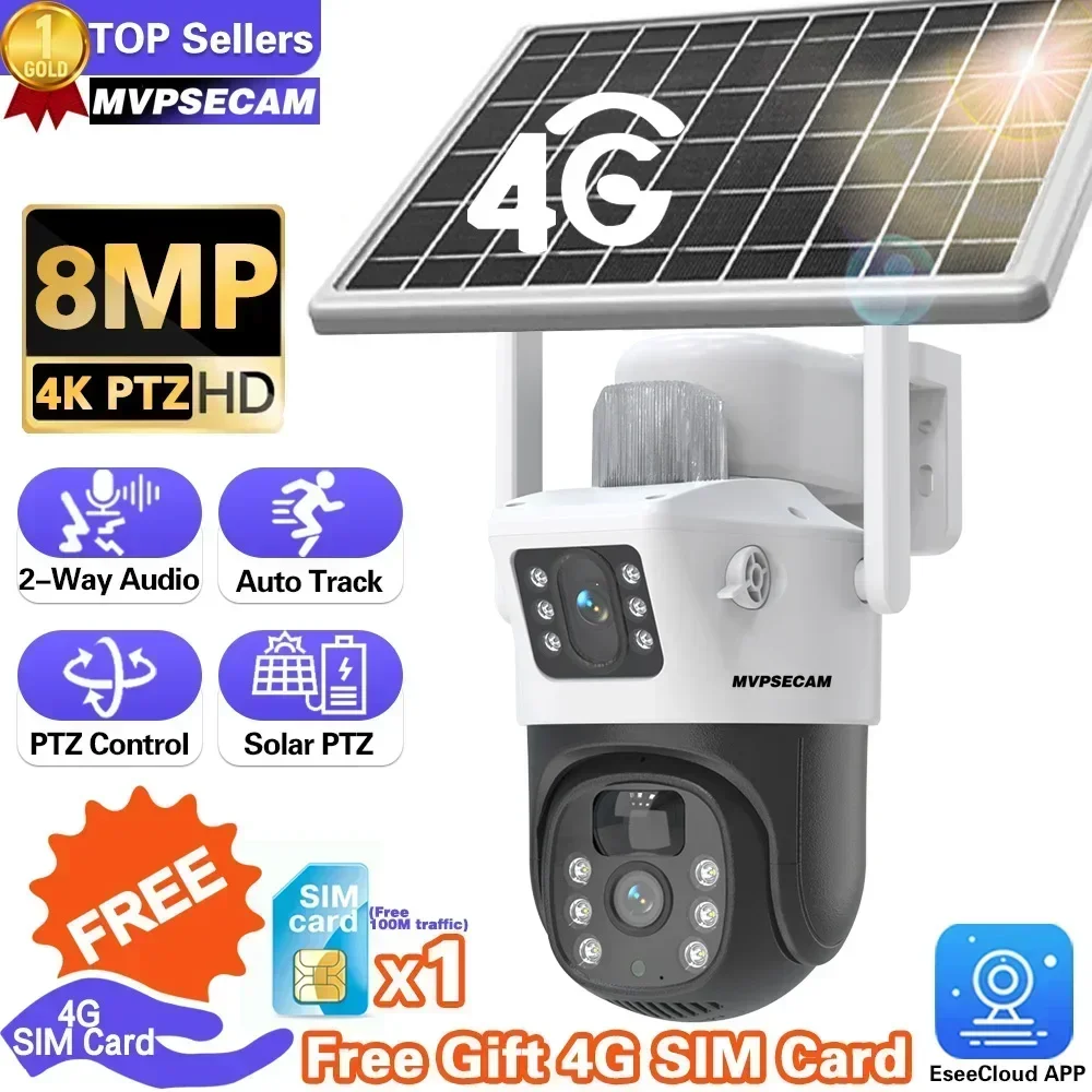 

4G Solar Camera 4K 8MP Dual Lens Dual Screens Outdoor Waterproof Solar Panel Auto Tracking CCTV Camera Alarm Free 4G Sim Card