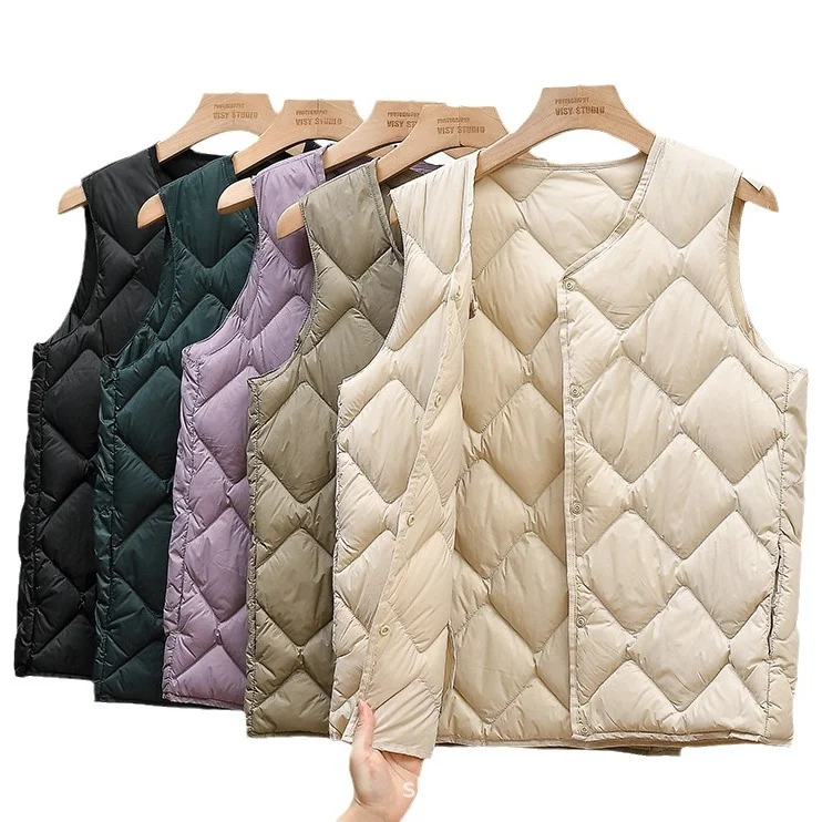 

Women Ultralight White Duck Down Long Vest Sleeveless Jacket Argyle Autumn Winter 2025 New Chinese and Korean Fashion