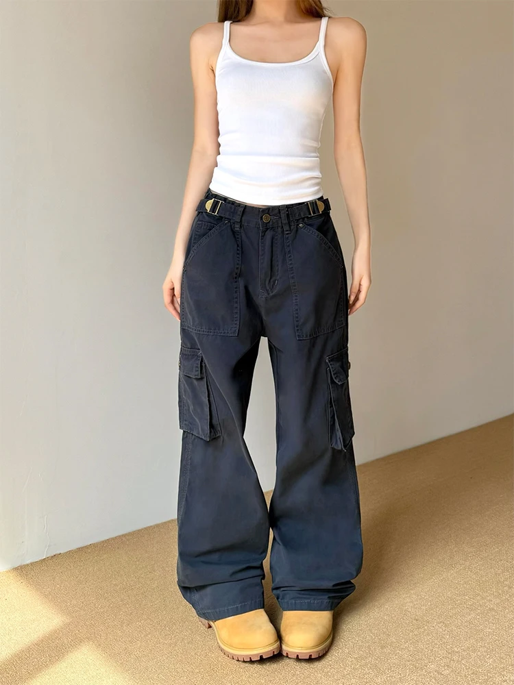 

Свободные прямые рабочие брюки синего цвета с множеством карманов для мужчин и женщин в уличном стиле, американском ретро-стиле, парашютного дизайна.