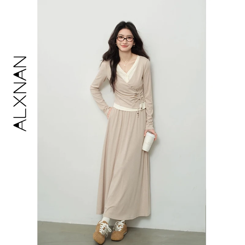 ALXNAN Casual Röcke Hohe Taille Vielseitig Gestrickte Stretch Mid-länge Rock Neue Herbst Entspannt Weiche frauen Kleidung L569115-1