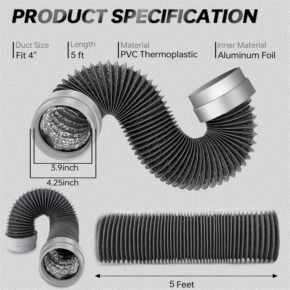 ABKM 5FT Dryer Vent Hose 4 Inch, 6-Layer Aluminum Flexible Dryer Duct with Rubber Seal Connectors,Dryer Hose Vent Kit