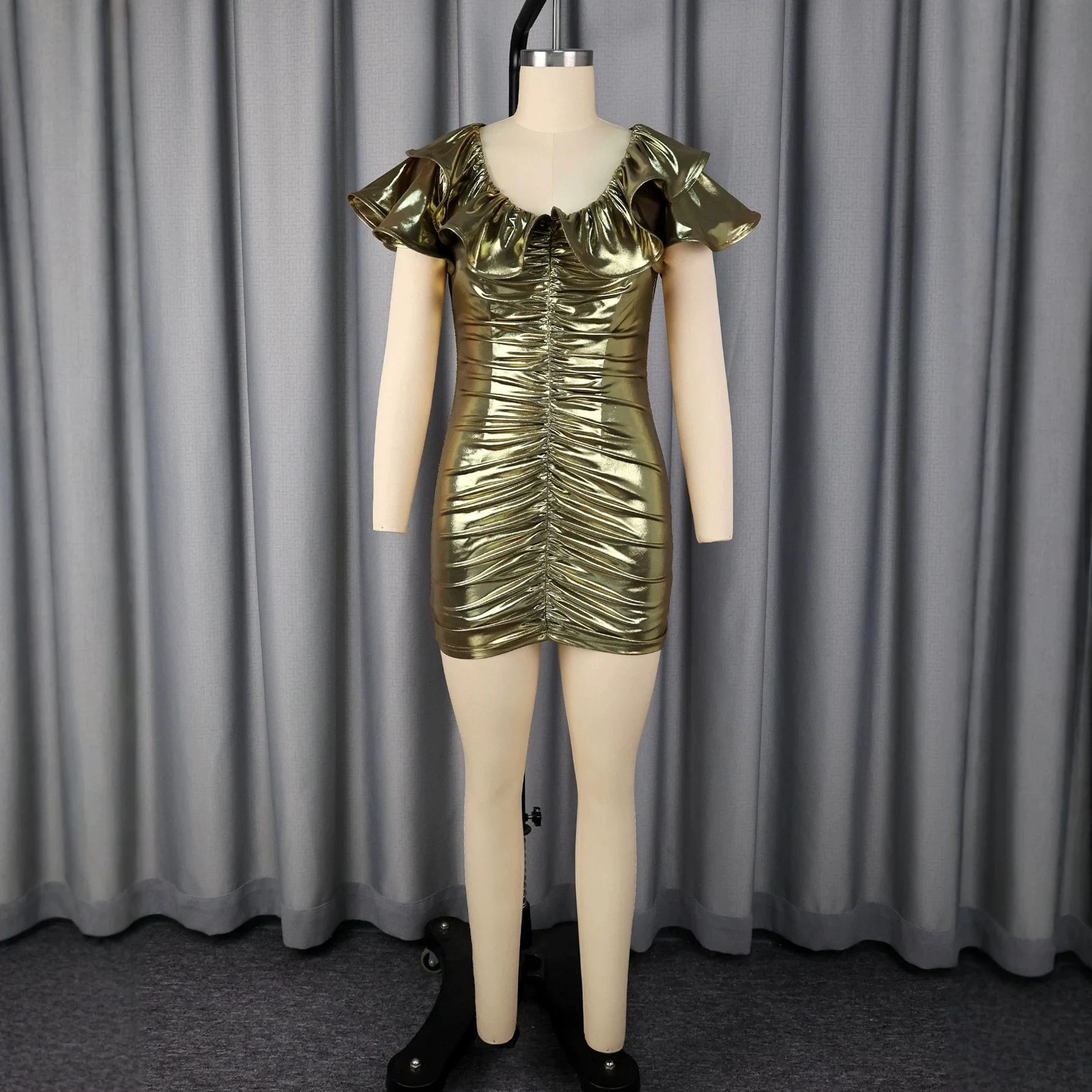 Erotogenic And Elegant Clothes, Gold, Smart Fit, Ruffled, Shiny, Waist-cinching Body, Party Mini Clothes Robe Lace Outfits