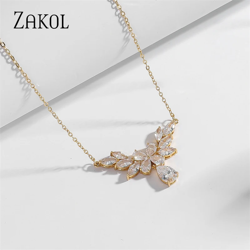 ZAKOL Luxury Clear AAA Cubic Zirconia Water Drop Pendant Necklaces White Gold Color Bridal Wedding Jewelry New Arrival NP5160