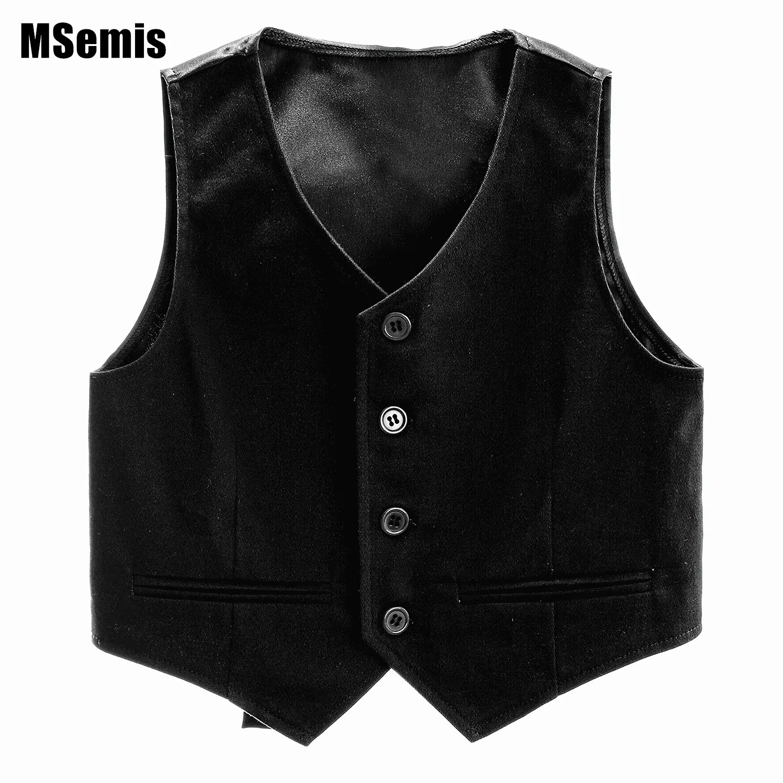 

Kids Boys Western Vest Gentlemen Solid Color Vest V Neck Button Down Back Strap Pointed Waistcoat Party Stage Performance