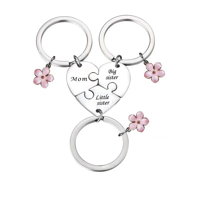 Family Puzzle Heart Keychain 3Pcs Mom Big Sister Little Sister Matching Key Ring Pink Flower Pendant Gift for Mom Girls