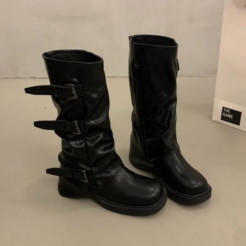 Runde Lederriemen-Schnallenstiefel für Damen - Frühjahr/Herbst neuer Stil, Retro schwarze Denim-Stiefel, Ritterstiefel, schlanke halbhohe Stiefel – Detail 4