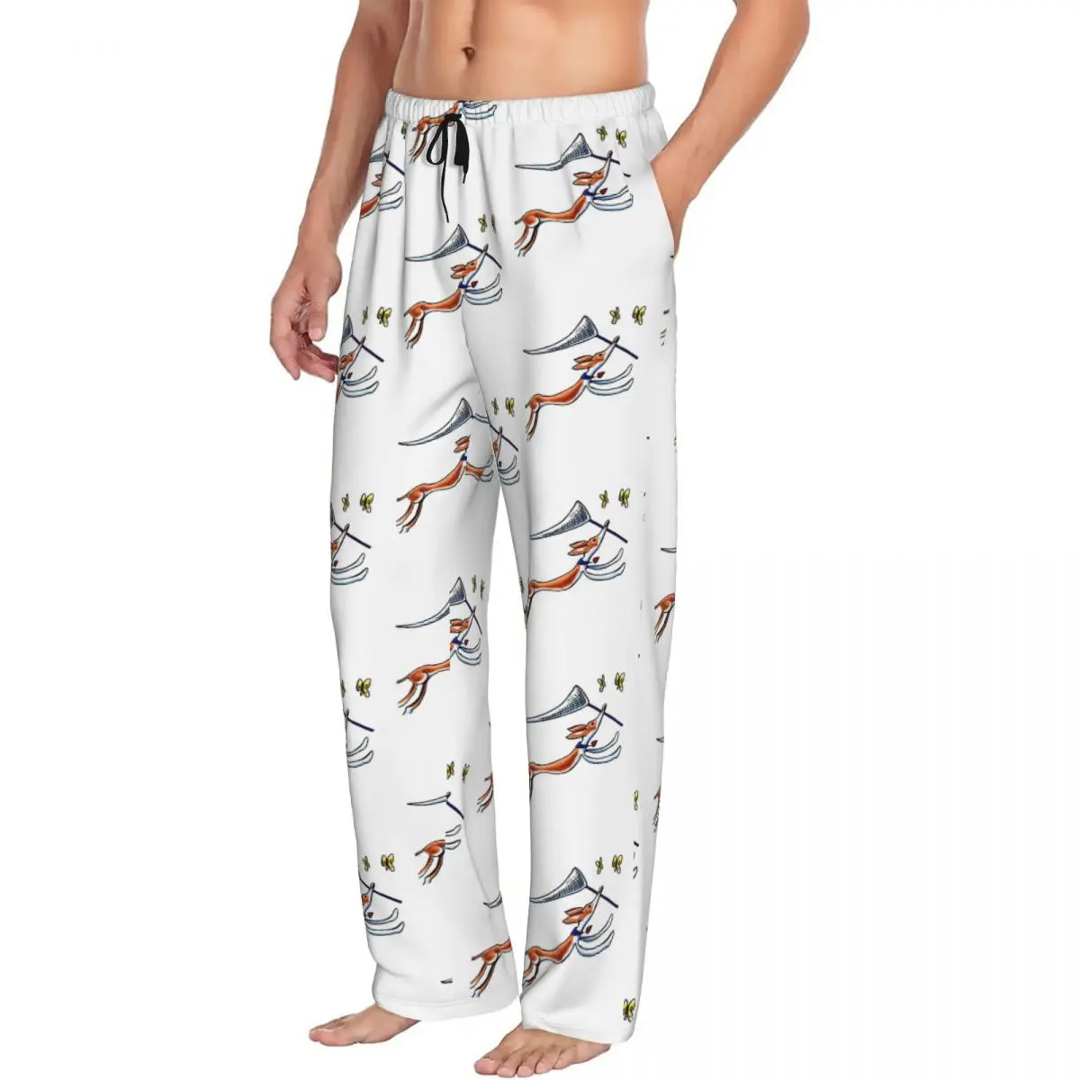 Custom Printed Ibizan Hound Butterflies Pajama Pants Men Greyhound Dog Sighthound Whippet Sleep Sleepwear Bottoms with Pockets