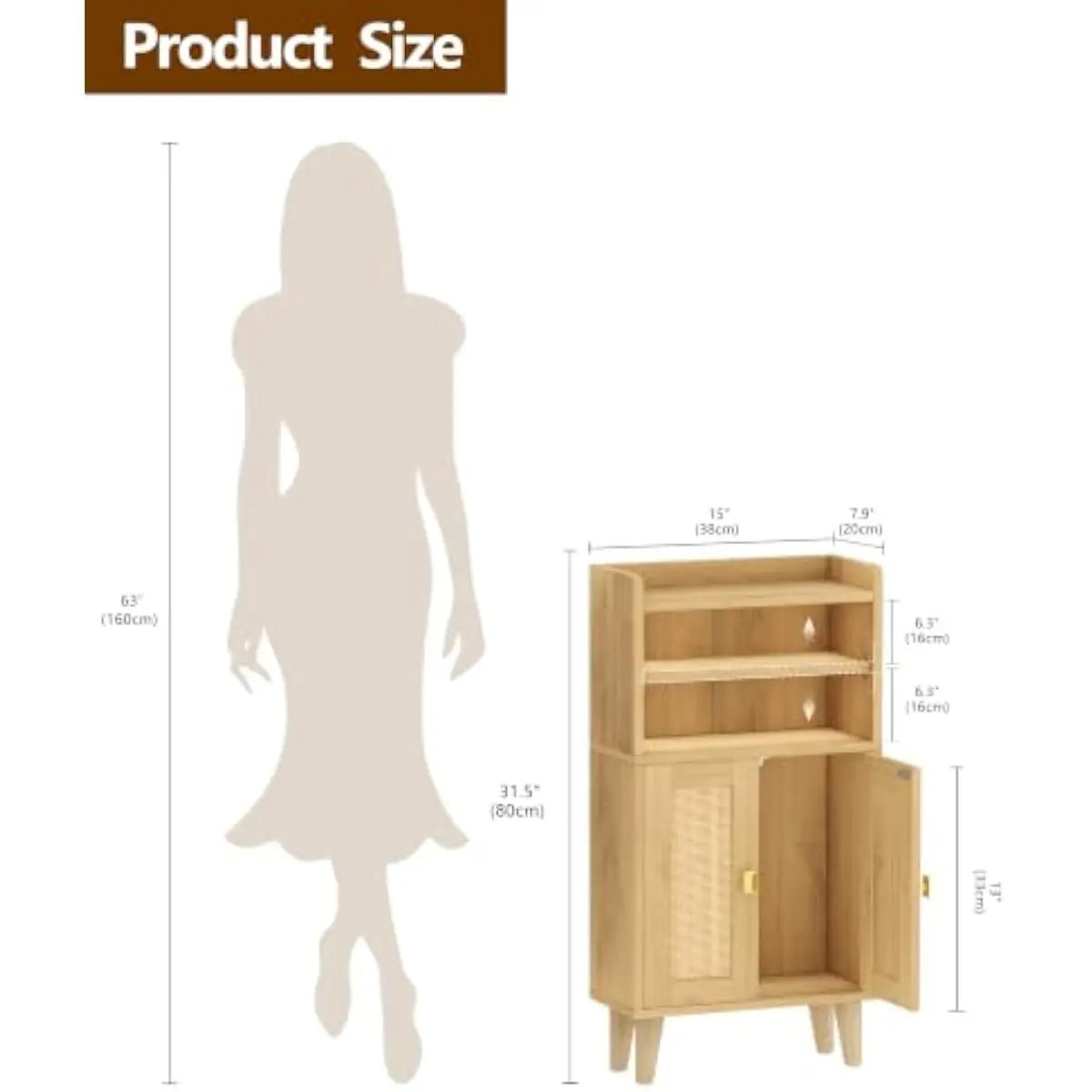 Rattan-Trimmed Compact Bathroom Cabinet with Adjustable Shelf Open Compartment and Concealed Lower Storage Natural Oak Finish Sp