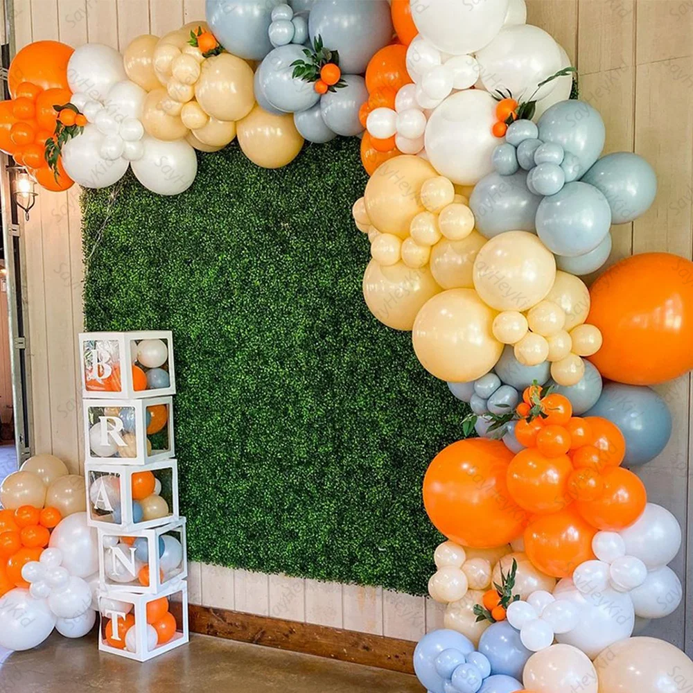 

125pcs Double Layer Blue Balloon Garland Arch Kit Orange Pearl White Balloons Boho Baby Shower Bridal Shower Party Decorations