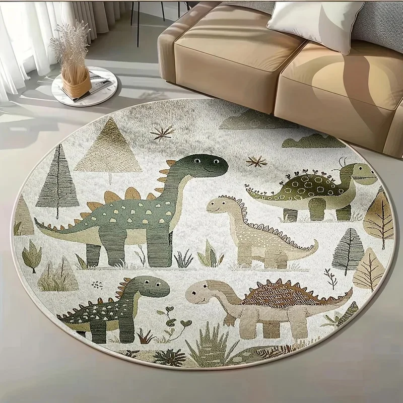 VIKAMA Neutral Dinosaur Circular Carpet Vintage Jungle Dino Plant Pattern Waterproof Anti-slip Nursery Sofa Side Decor Rug