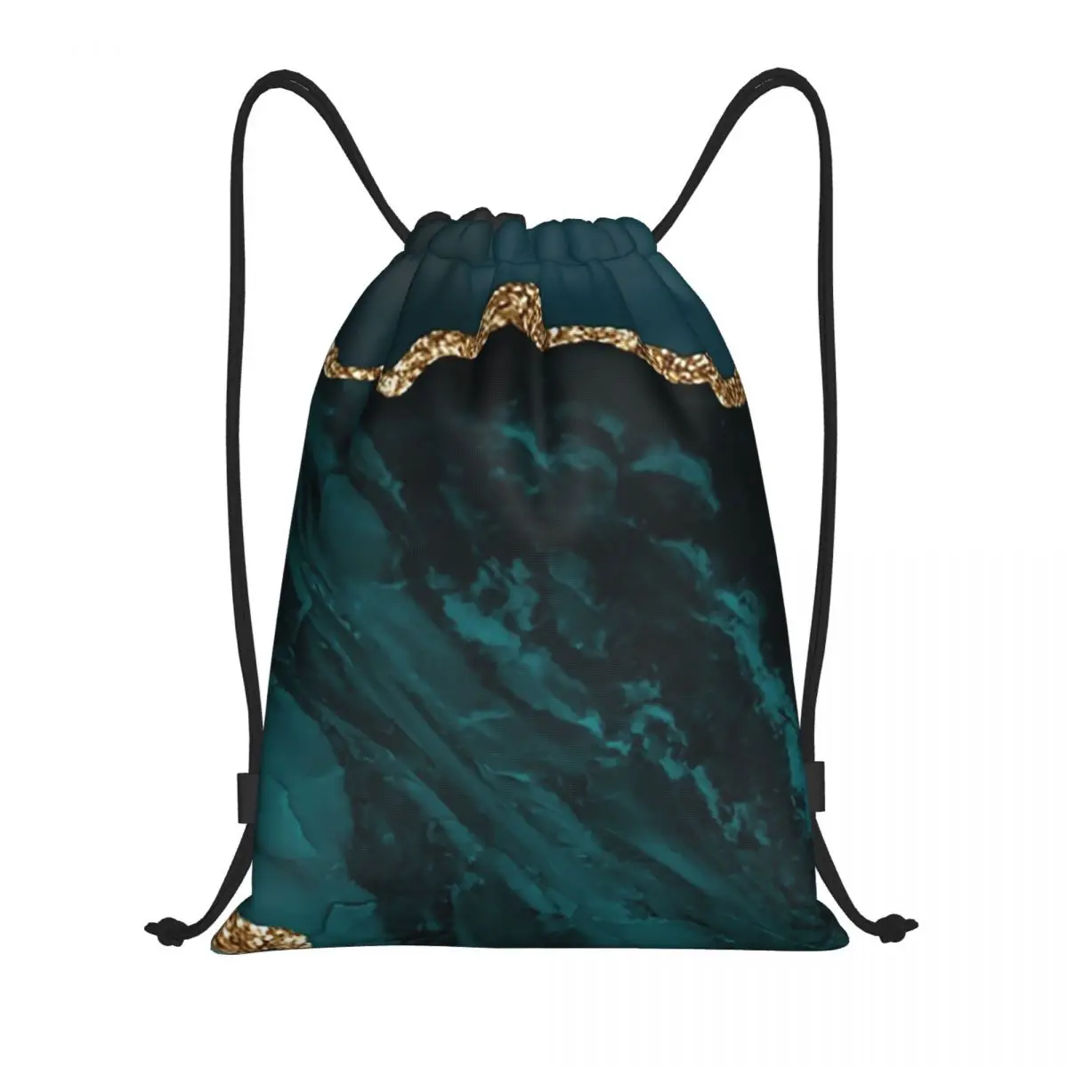 Teal And Gold Agate Texture Drawstring Backpack Women Men Gym Sport Sackpack Portable Geometric Patterns Shopping Bag Sack