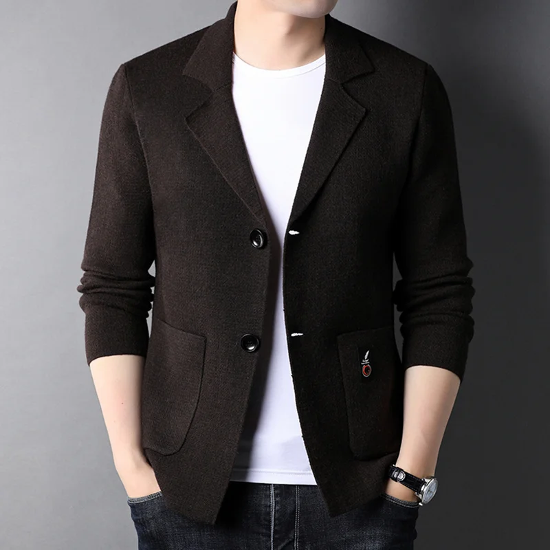 Men's Casual Classic Knit Solid Color Suit Collar Sweatercoat 2023 New Spring Businesss Single Breasted Cardigan Jacket