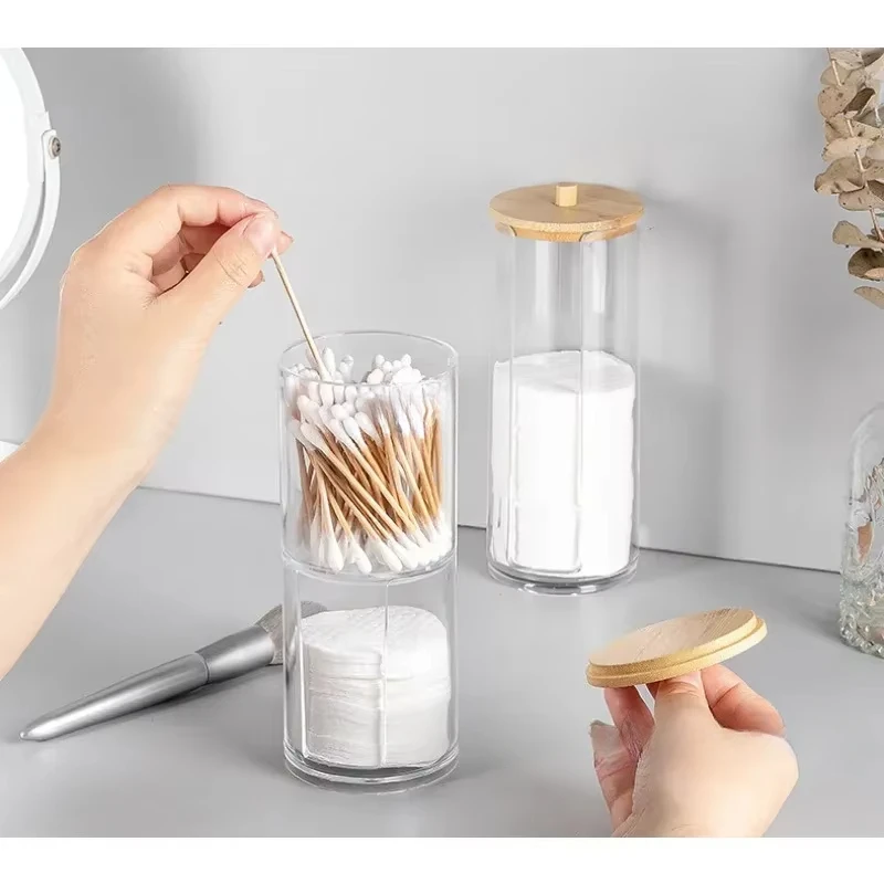 Contenedor portátil transparente, almohadillas de algodón, esponjas de maquillaje Q-tips con tapa, tanque de almacenamiento apilado, bola de algodón acrílica, caja a prueba de polvo