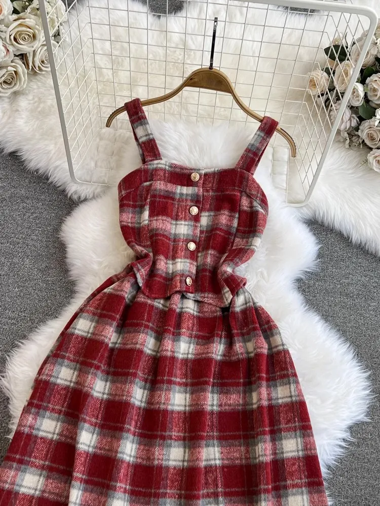 New Fashion Plaid Woolen Dress Women Autumn Winter Spaghetti Strap Dress Streetwear Sleeveless Long Sundress