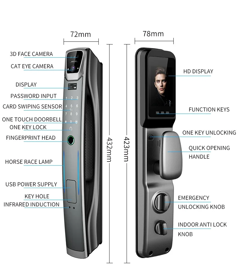 Cerradura inteligente totalmente automática con reconocimiento facial 3D, aplicación WiFi, cerradura de puerta de casa inteligente sin llave con huella dactilar y videollamada con cámara