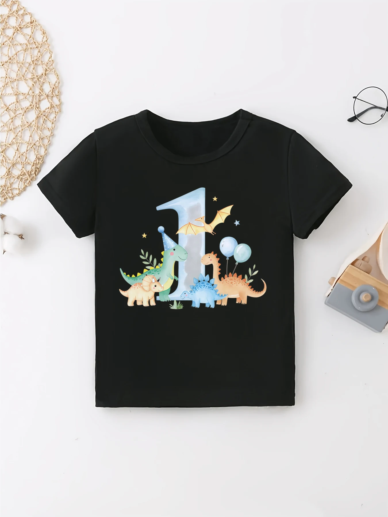 1st Birthday Dinosaur Balloon Printed T Shirt Girls/Boys Kawaii Kids Clothes Summer Short Sleeve T-Shirt