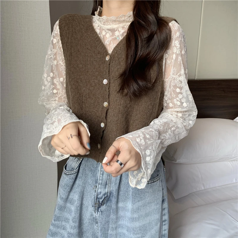 Vintage Korean Chic Blusas Mujer De Moda 2024 Stand Neck Crochet Lace Blouses Slightly Transparent Women Clothing Summer Shirts