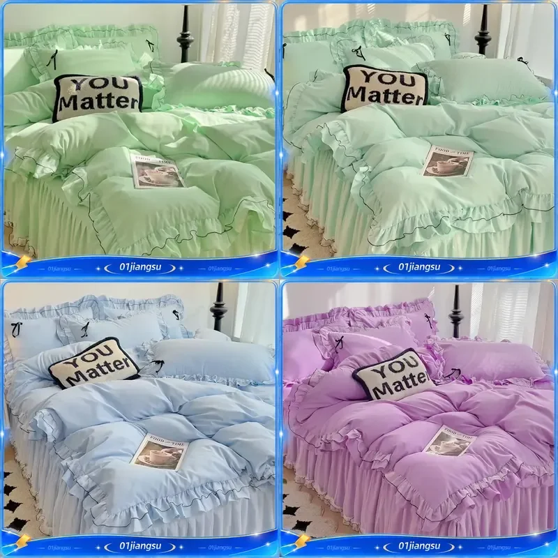 Princess Style Lace Bed Skirt 4 Piece Set Girl Lotus Leaf Duvet Cover Sheet Internet Famous Cute Bedroom Decor