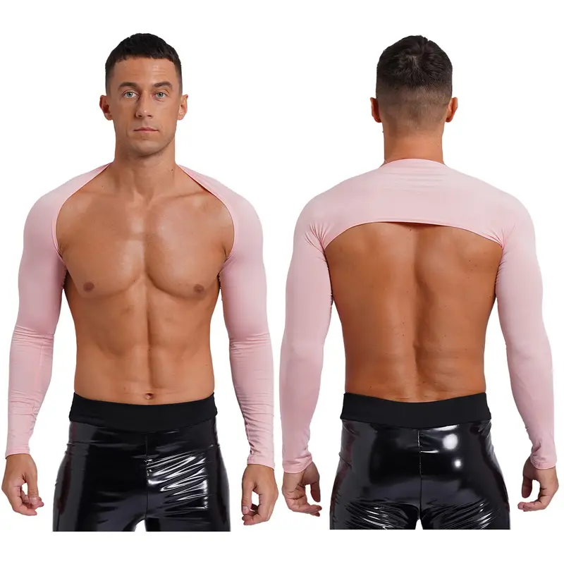 Men Open Front Half Crop Top Solid Long Sleeve Cardigan Bolero Shrug Tops Muscle Arm Sleeves Workout Sports Gym Tops Clubwear - Image 7