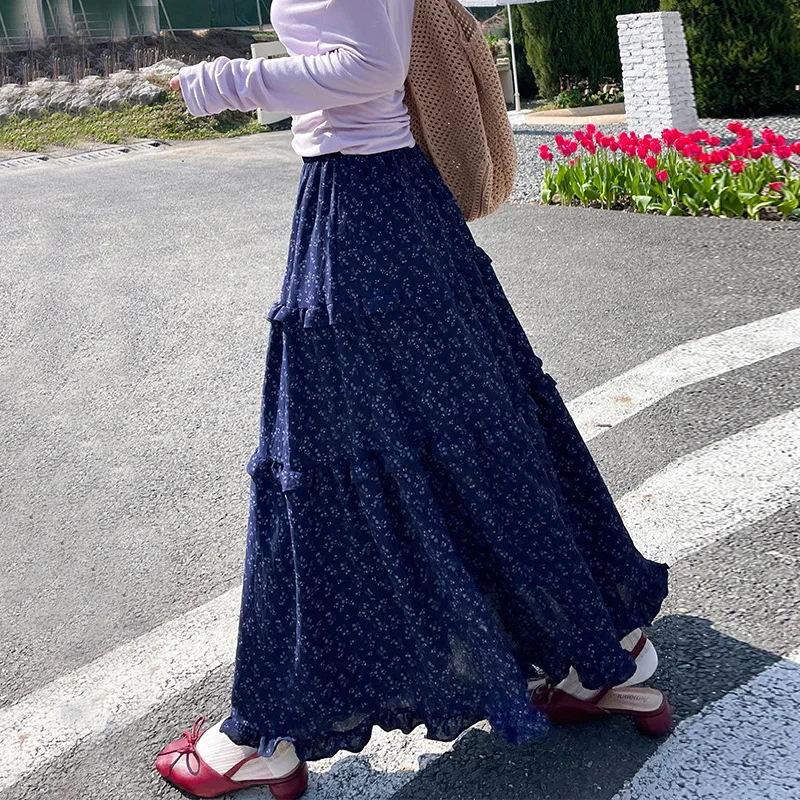 Women Spring Summer Korean Vintage Floral Maxi Skirt High Waist A Line Loose Casual Long Skirt