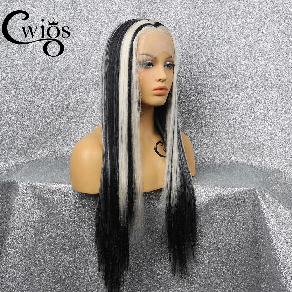 Cwig Highlight Black Blonde Colored HD Swiss Transparent 13*4 Free Part High Quality Synthetic Lace Front Wigs for Daily Cosplay