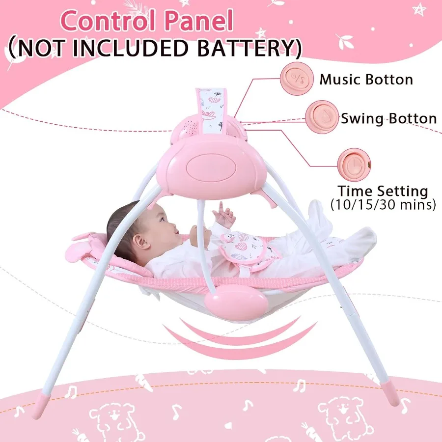 Balanço infantil dobrável rosa para meninas de 0 a 9 meses com música, 5 níveis de velocidade, configuração de tempo, almofada macia, uso interno e externo