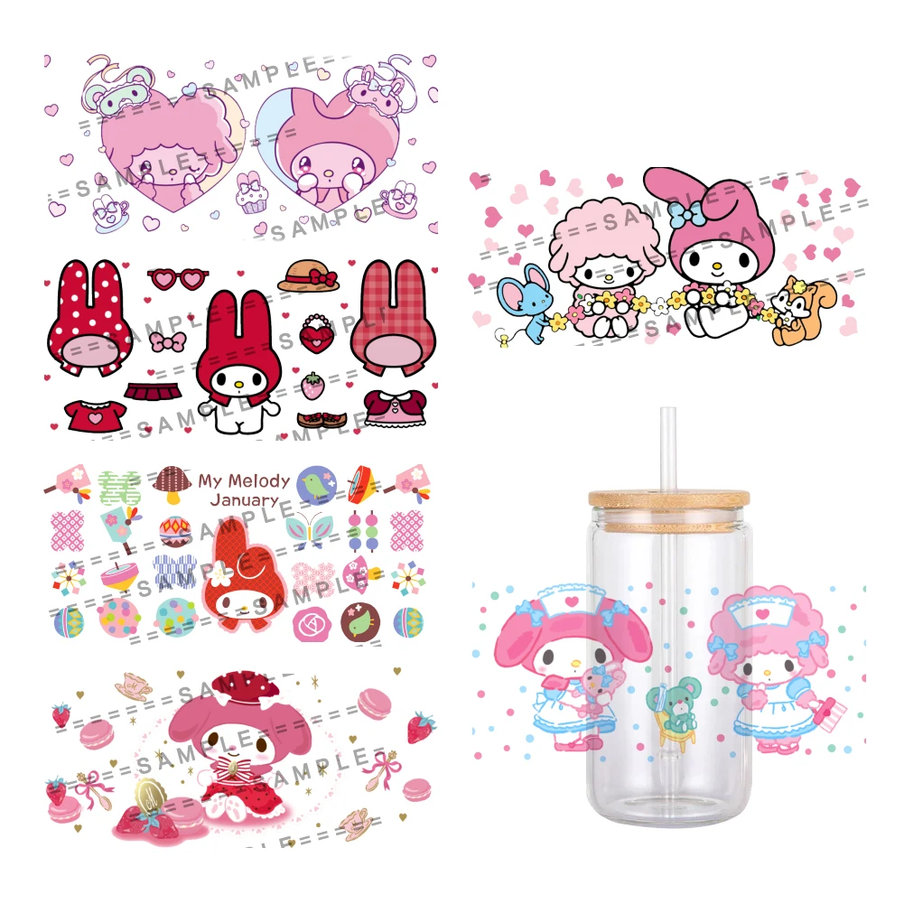 Sanrio My Melody Impresso Envoltório Adesivo para Copo de Vidro Can, Impermeável, UV, DTF Impresso, 11x24cm, 16oz