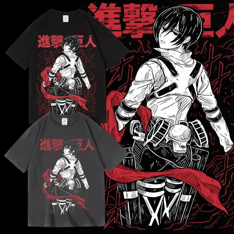

Аниме Attack Гигантский Микаса с мультяшным принтом, японский периферийный пуловер с круглым вырезом и короткими рукавами, хлопковая летняя футболка для мужчин и женщин