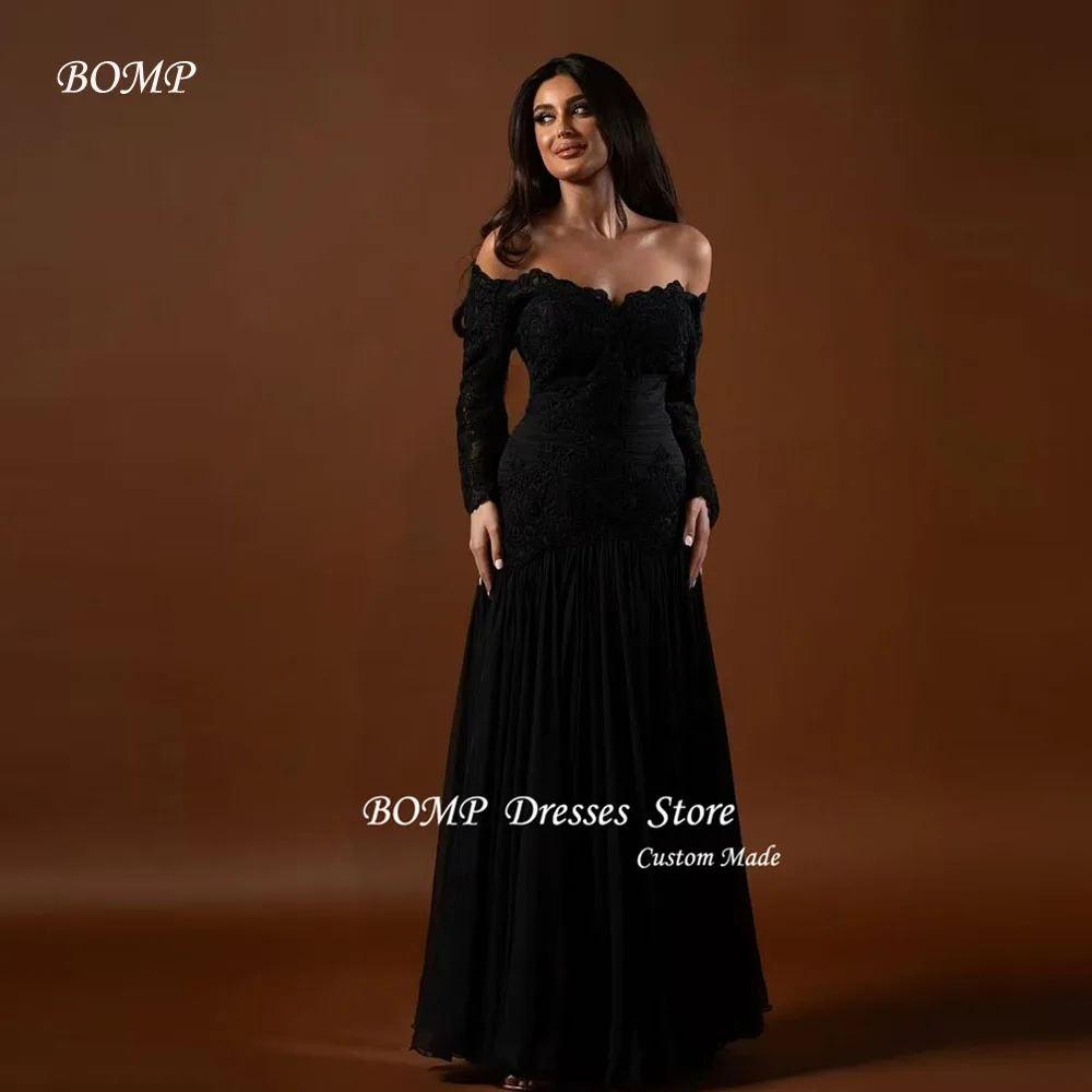 BOMP Sexy Off Shoulder Black Evening Dresses Long Sleeves Lace Floor Length Prom Gowns Formal Party Dress Plus Size Customized