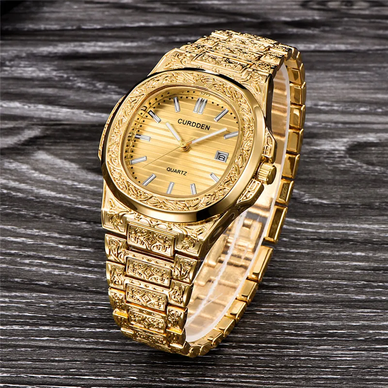 Male Genuine CURDDEN Brand Clock Fashion Alloy Band Unique Arabesque Hip Hop Golden Date Designer Watch Relojes Lujo Marcas Men