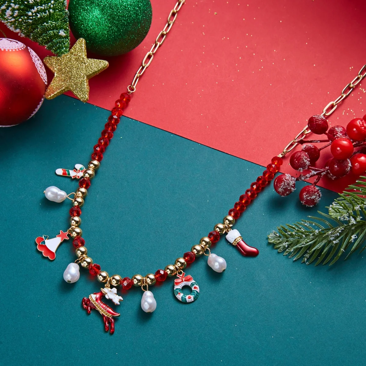Weihnachtsbaum, Schneemann, Weihnachtsmann, Kranz, rote Kristall-Halskette für Damen und Herren, Weihnachten, Schneeflocken, Glocken, Hirsch, Halsband, Neujahrsschmuck – Detail 31