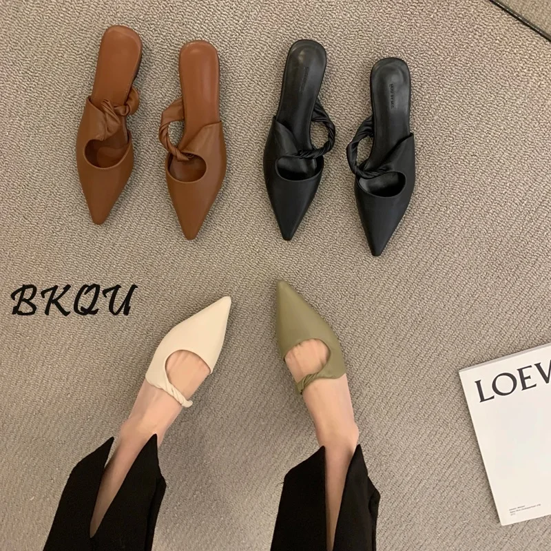 

BKQU Flat Pointed Toe Half Slipper Shoes Wear 2024 New Spring Summer French Slipper Design Sense of High Quality