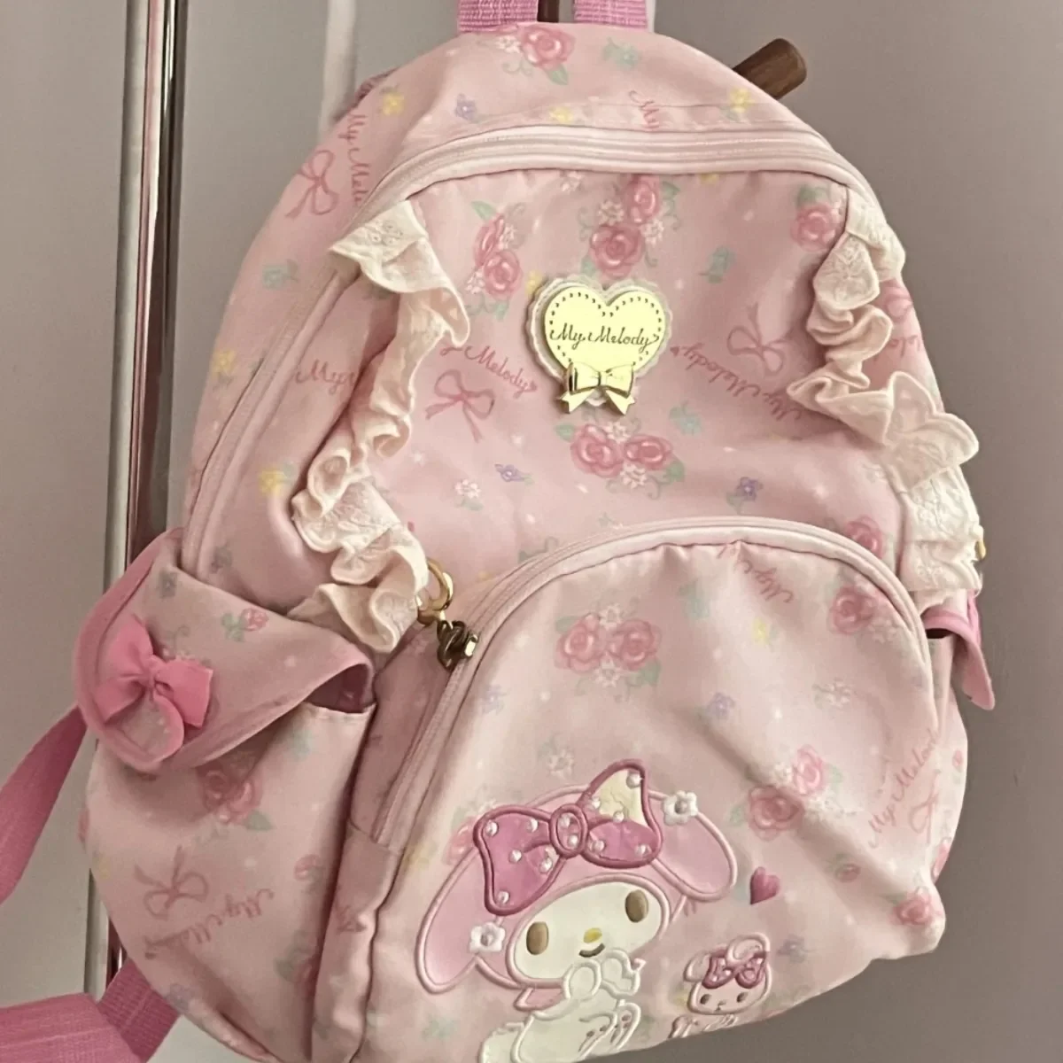 New My Melody Backpack Miniso Cute Student Canvas Embroidered Broken Flowers Backpack Cartoon Anime Zipper Dopamine Shoulder Bag