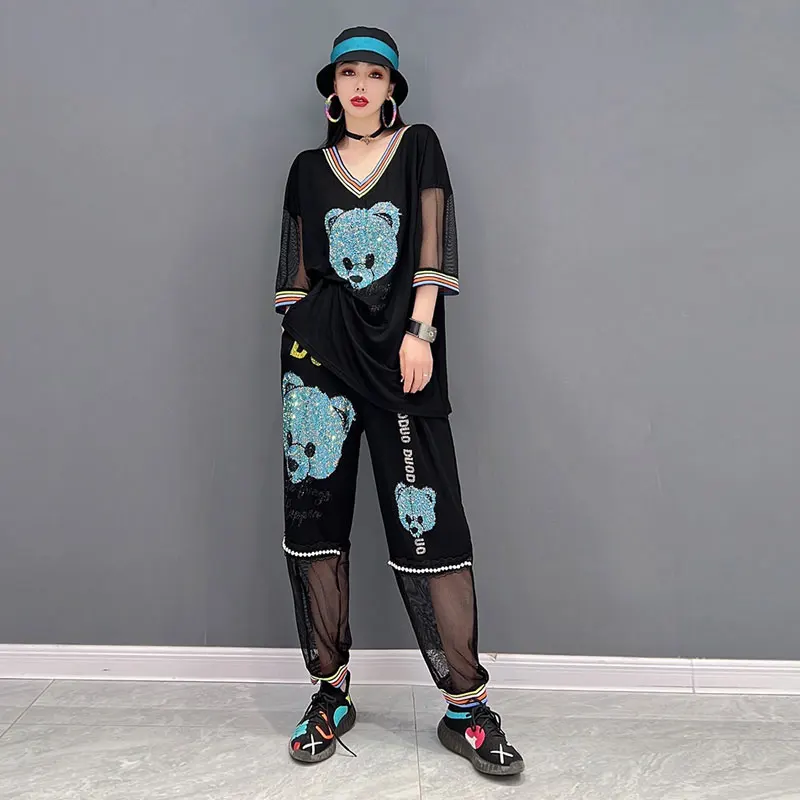 Summer Bear Pattern 2 Piece Set, Fashion Black Mesh T Shirt and Elastic Waist Pants for Women