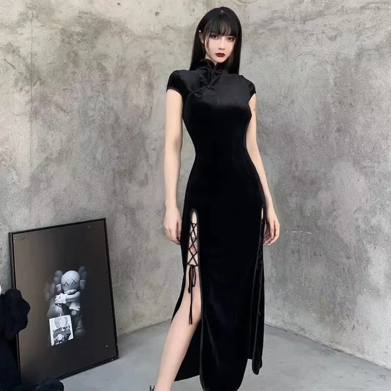 

Современное китайское платье Ципао Cheongsam в темном готическом стиле, сексуальные черные винтажные восточные платья с разрезом для женщин, танцевальное выступление