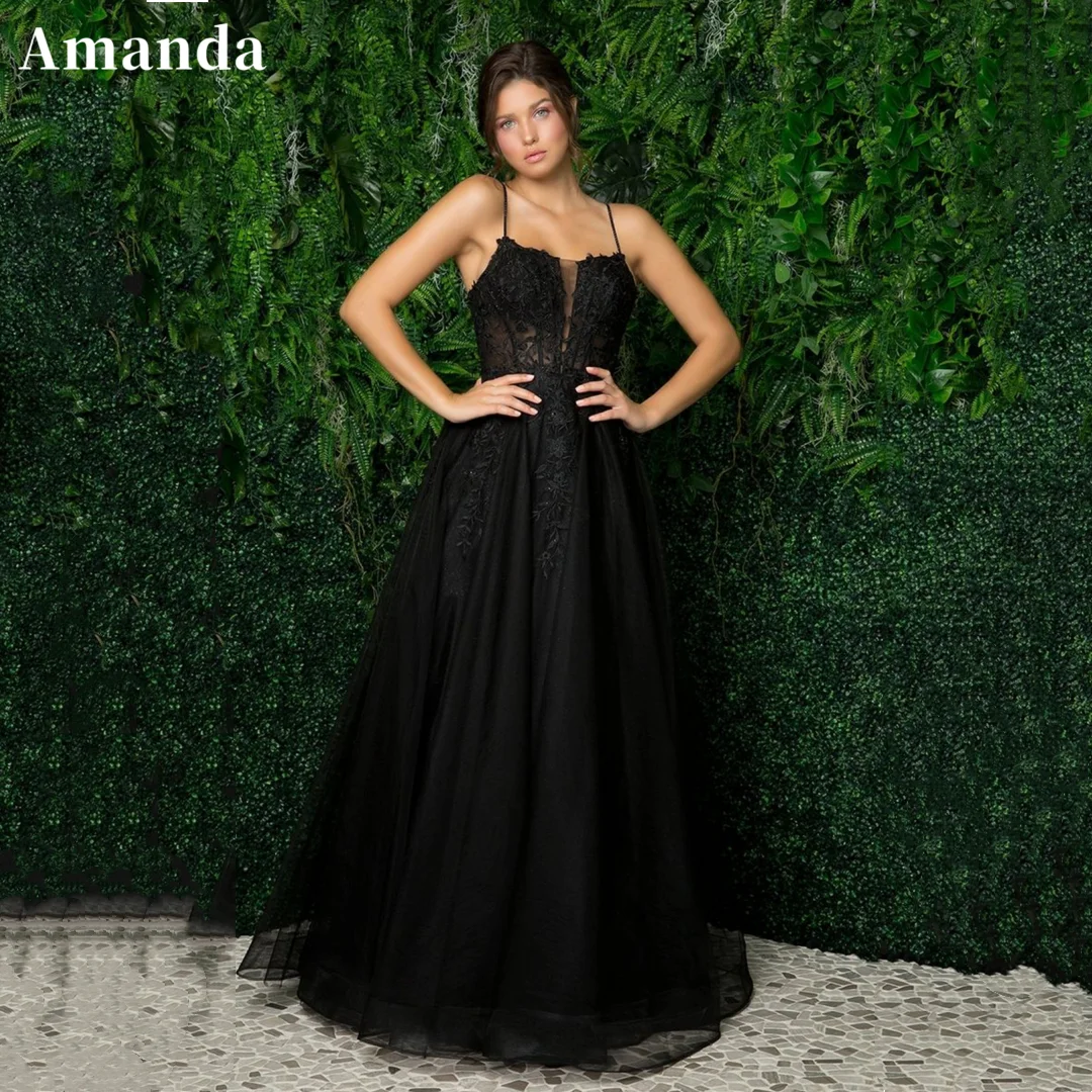 

Amanda Black A-line Tulle Prom Dress Elegant Spaghetti Strap فساتين السهرة Sexy Backless Lace Waist vestido de festa noite