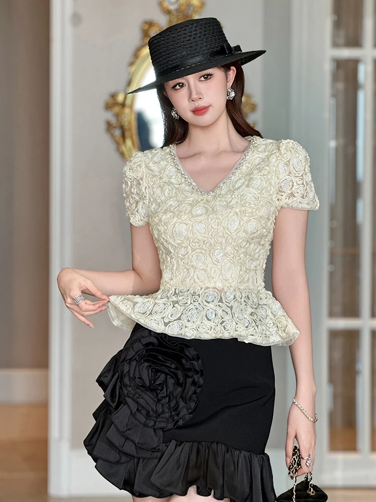 Nueva ropa de Mujer, blusa de perlas con cuello en V Floral rosa en 3D, Tops ajustados de encaje, camiseta Formal elegante a la moda para fiesta, camiseta informal de verano para Mujer