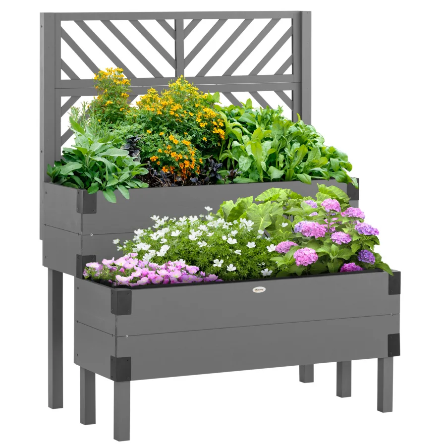 Outsunny Raised Garden Bed with Trellis, 2 Tier Wooden Elevated Planter Box with Legs and Metal Corners, for Vegetables, Flower