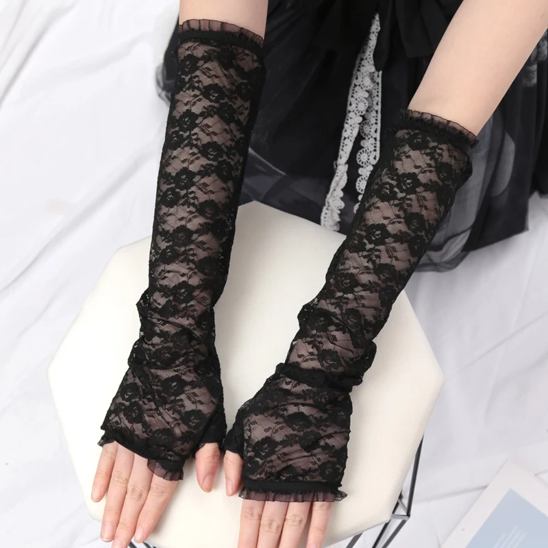 Cute Girls Summer Sunscreen Lace Arm Sleeve Women Long Mesh Yarn Arm Cover Sun UV Protection Fingerless Arm Cuffs Driving Gloves