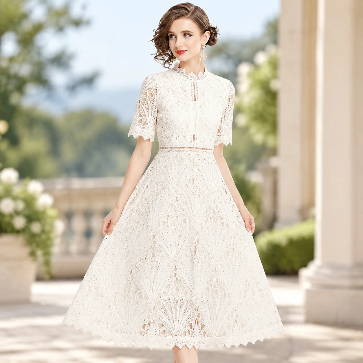 Ruffle Dress Single Mid Waist Elegant Style with Mid Rise Waist Summer Openwork Embroidery Slim Fit a Line Dresses for Women