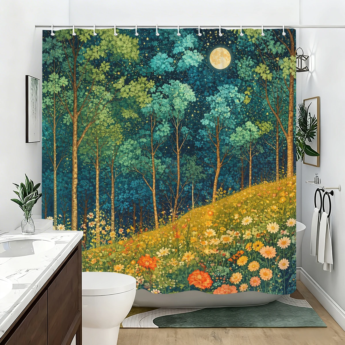 Vibrant Art Printed Polyester Bathtub Curtain - Decorative Bath Curtain with Floral, Sea Turtle, Forest & Village Scenes