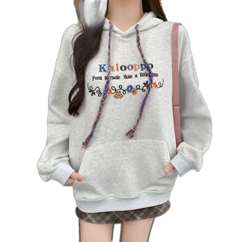 New Autumn Winter Women Loose Thicken Fleece Hooded Sweatshirt High Quality Fashion Letter Embroidery Snowflake Grey Hoodies