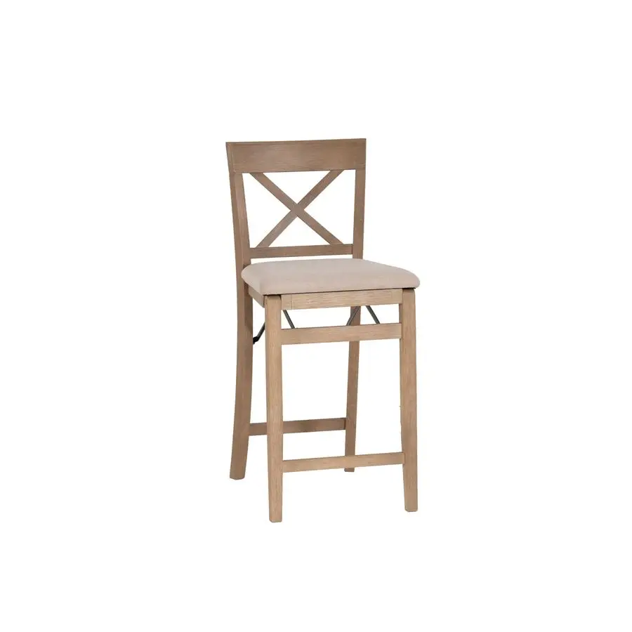 

Triena X Back Neutral Greywash Wooden Fully Assembled Folding 24 Inch Seat Height Counter Stool with Beige Upholstered Seat