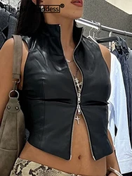 Sexy black zipper leather crop top women clothing summer body PU tank tops woman vintage gothic clothes streetwear top outfit