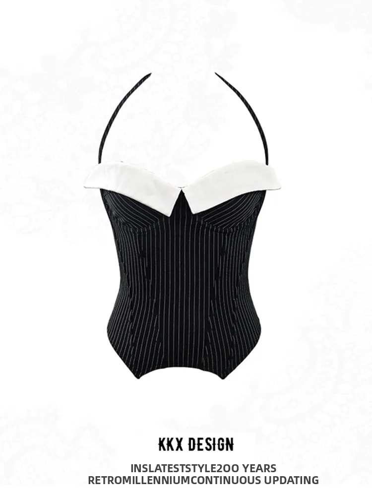 

Sexy Striped Low Cut Color Blo Hanging Ne Strap Vest Women's TopKKX Spicy Girl Sle Commute Fit ort Length Cover up